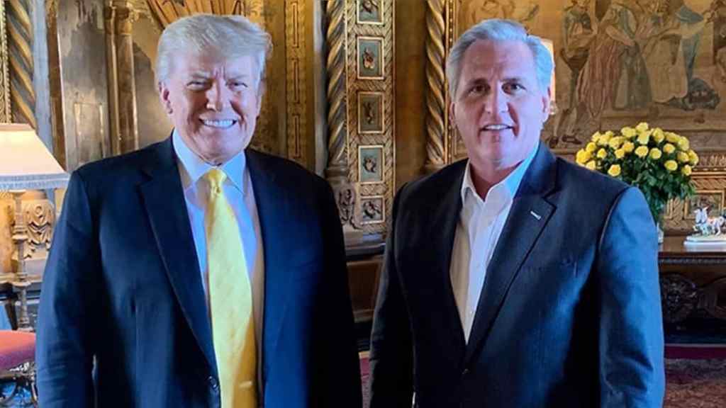 Former President Trump and House Minority Leader Kevin McCarthy, R-Calif., meet at Mar-a-lago Jan. 28, 2021. (Save America PAC)