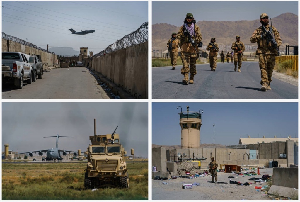 Taliban fighters secure the outer perimeter, alongside the American controlled side of of the Hamid Karzai International Airport in Kabul, Afghanistan, Sunday, Aug. 29, 2021. (MARCUS YAM / LOS ANGELES TIMES)
